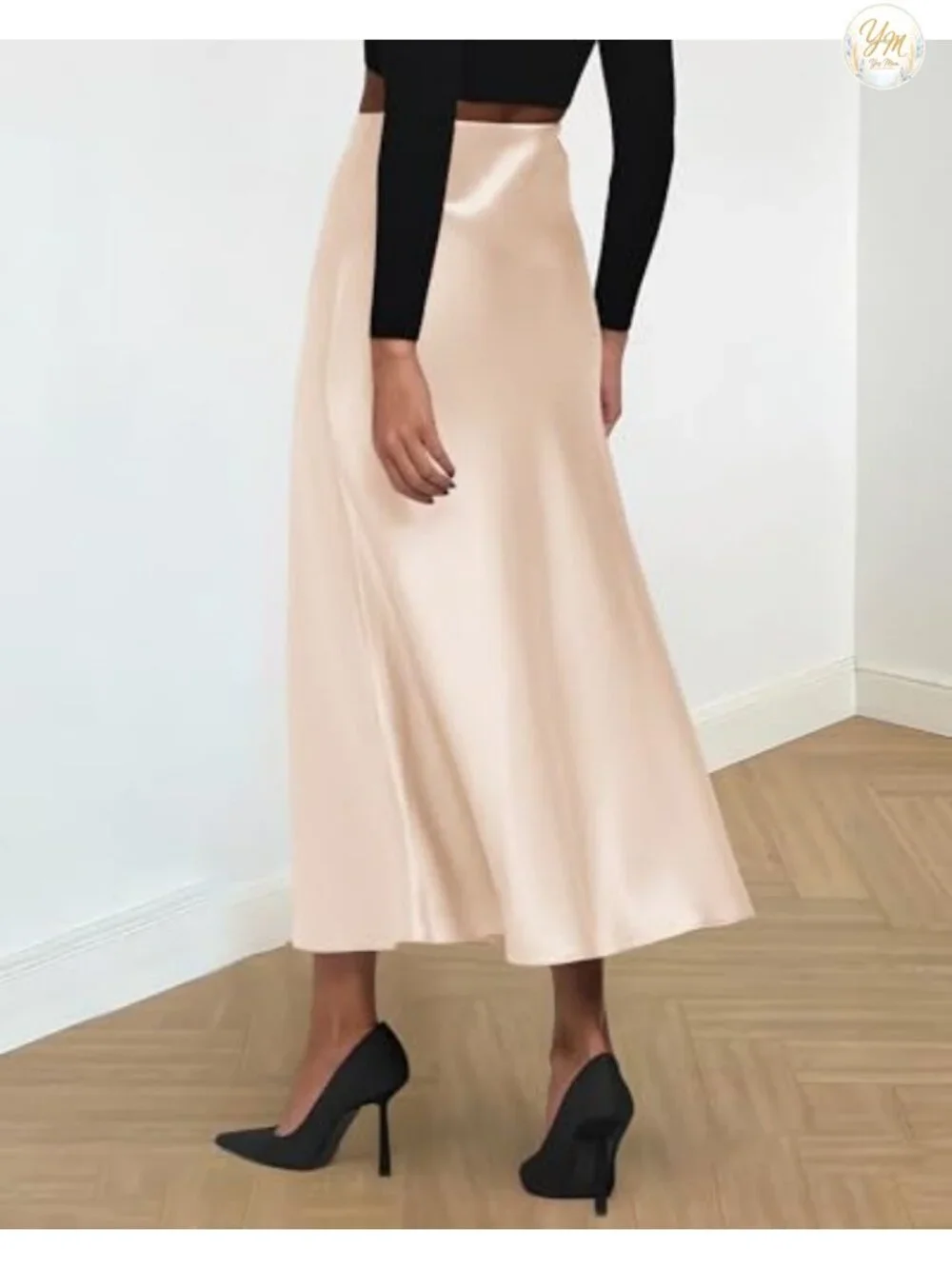 High Waist Midi Skirt for Women - A-Line Satin Ruffled Hem, Business Casual
